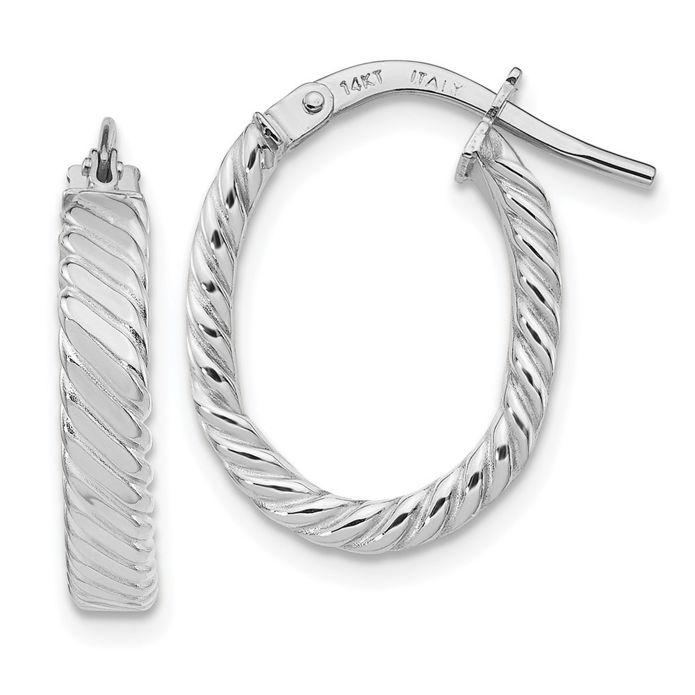 14K White Gold 3mm Patterned Oval Hoop Earrings 17.75 L x 14 mm W